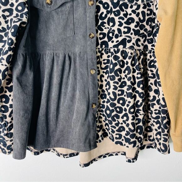 Grey black cream yellow corduroy animal print peplum button top shacket large - Picture 3 of 6